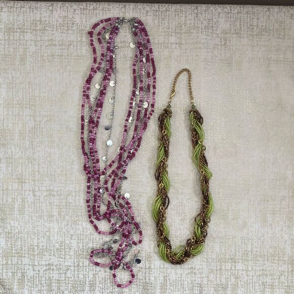 Kohls Costume Jewlery Two Necklaces Purple & Silver/Green/Brown & Gold Beads EUC - Picture 1 of 10